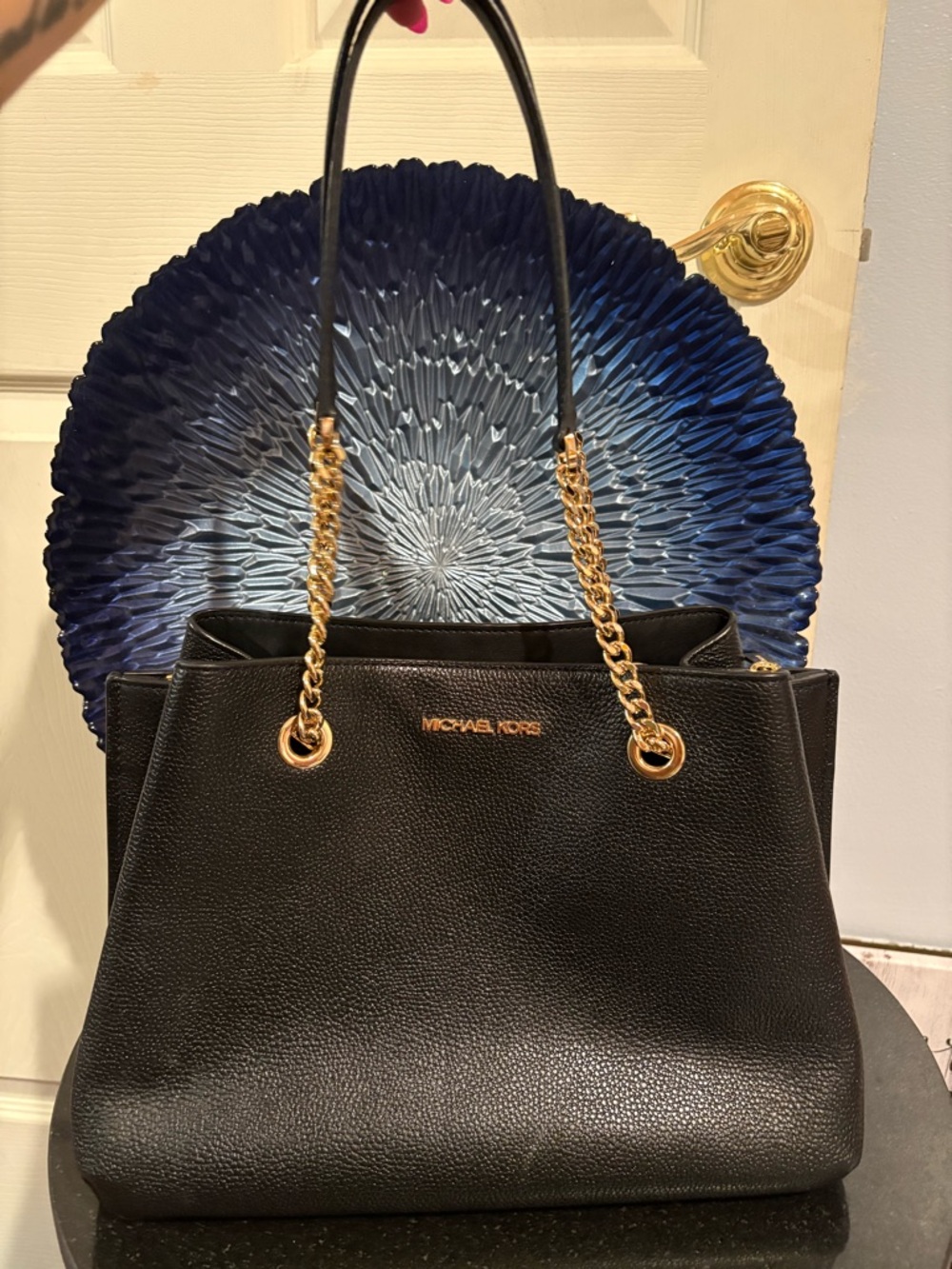 Michael Kors Teagan Pebbled Black Leather Shoulder Bag with Gold Chain Straps